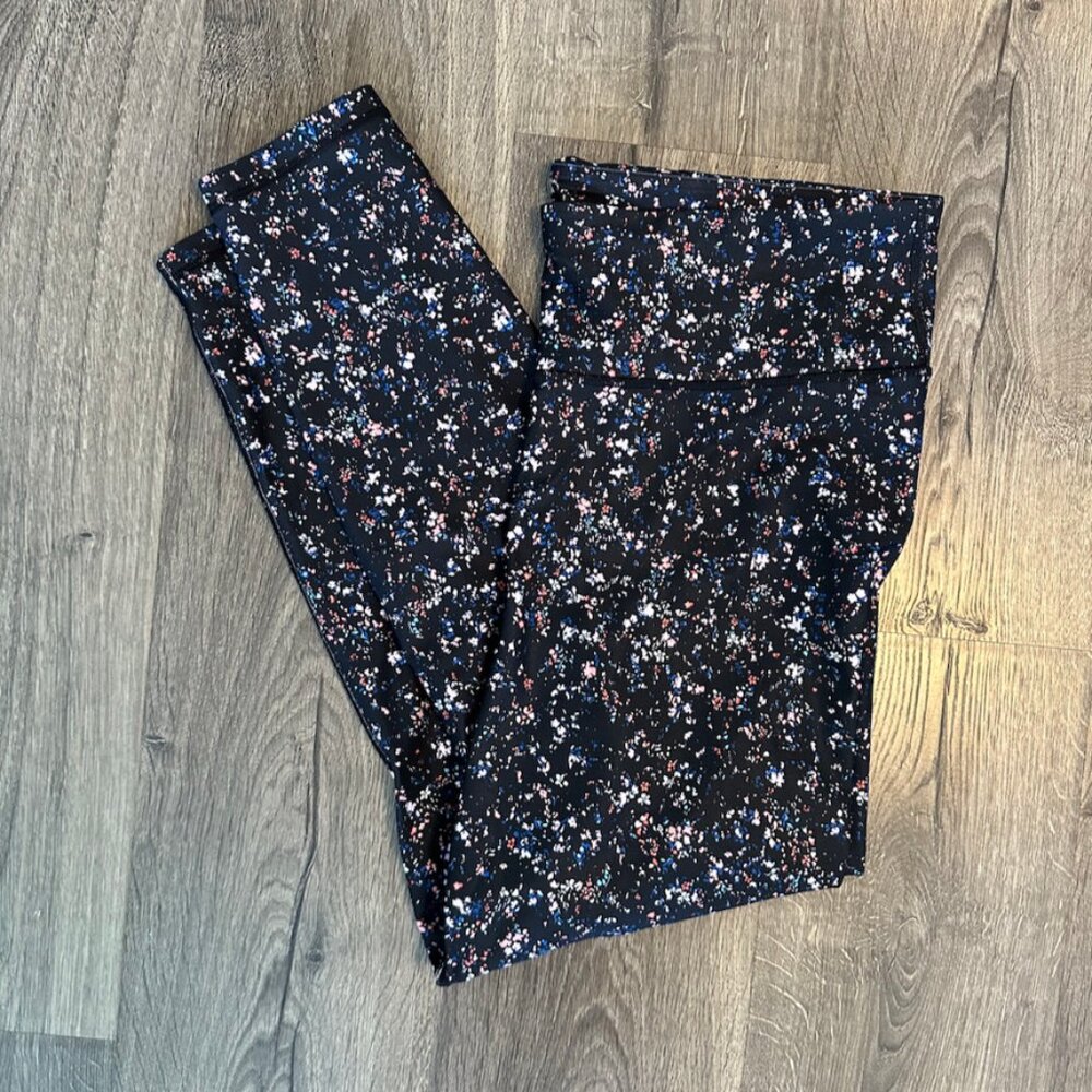 GAP Black Floral Leggings with Pink & Blue Speckle Print